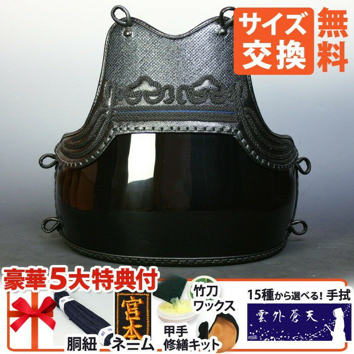剣道屋] 中高～一般向 胴単品 鬼雲飾り 鉄紺色ライン入 胴裏50本朱塗
